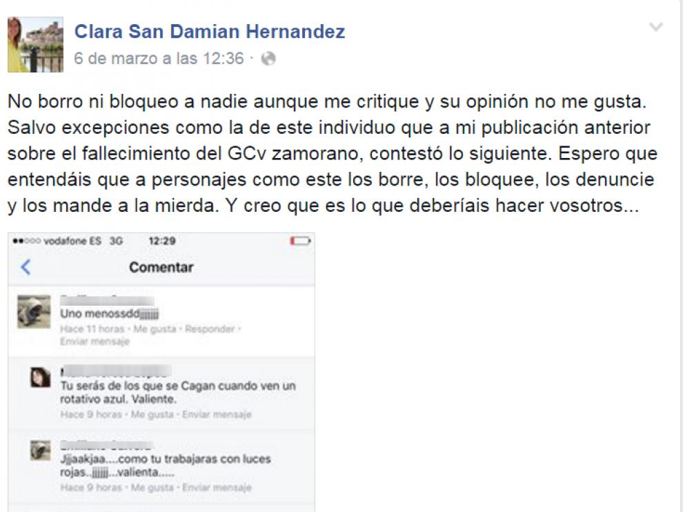 Publicación de Facebook de Clara San Damián en el que denuncia la actitud del usuario que se burló de la muerte de José Antonio Pérez.