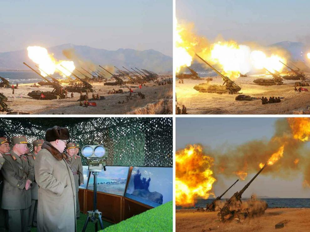 Atillería de largo alcance de Corea del Norte, durante el ejercicio de simulacrro de ataque a Corea del Sur