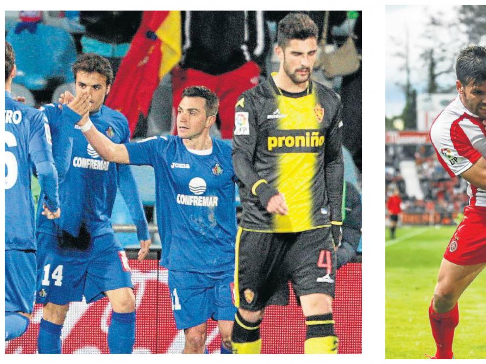 Colunga celebra el gol de penalti que marcó al Zaragoza en 2010 y Ortuño pelea con Rico en el duelo Girona-Zaragoza del año 2014.