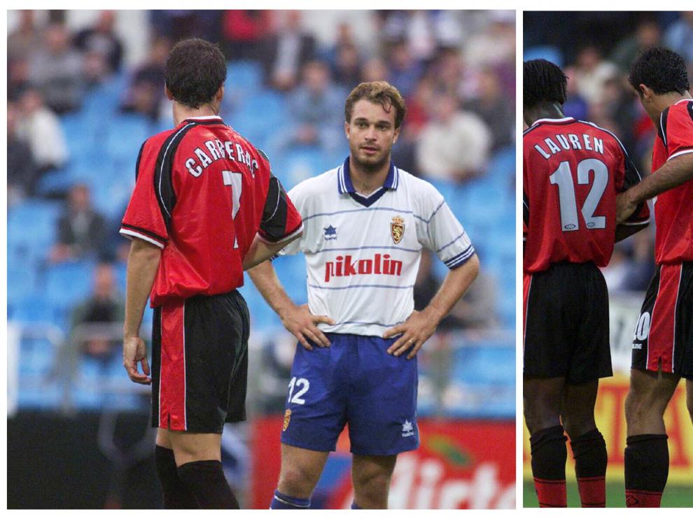 Dos momentos del Real Zaragoza-Real Mallorca de 1999 con Carreras (número 7) jugando en el cuadro balear. En la primera, discute con Jamelli. En la segunda, forma una barrera en una falta junto a Nadal, Lauren, Diego Tristán, Stankovic y Siviero.
