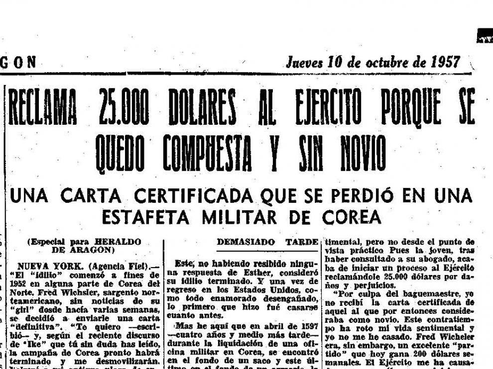 Noticia publicada en Heraldo de Aragón el 10 de octubre de 1957.