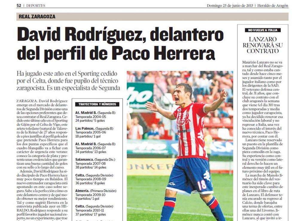 Información sobre el pretendido fichaje de David Rodríguez por el Real Zaragoza publicada el 23 de junio de 2013.