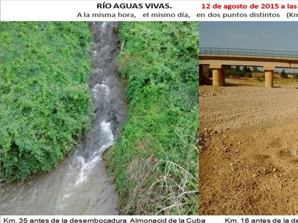 Imagen facilitada por Vialaz que muestra el caudal del río Aguas Vivas en distintos puntos.