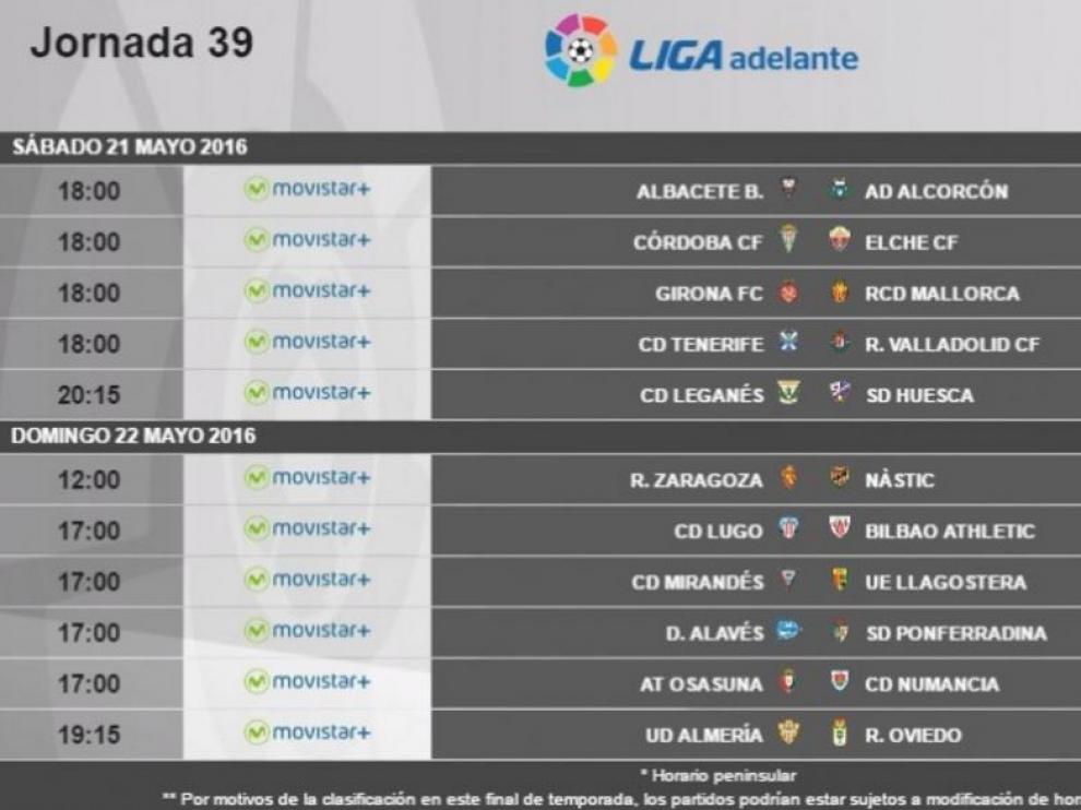 Horarios y fechas de los partidos de la 39ª Jornada de Segunda División.