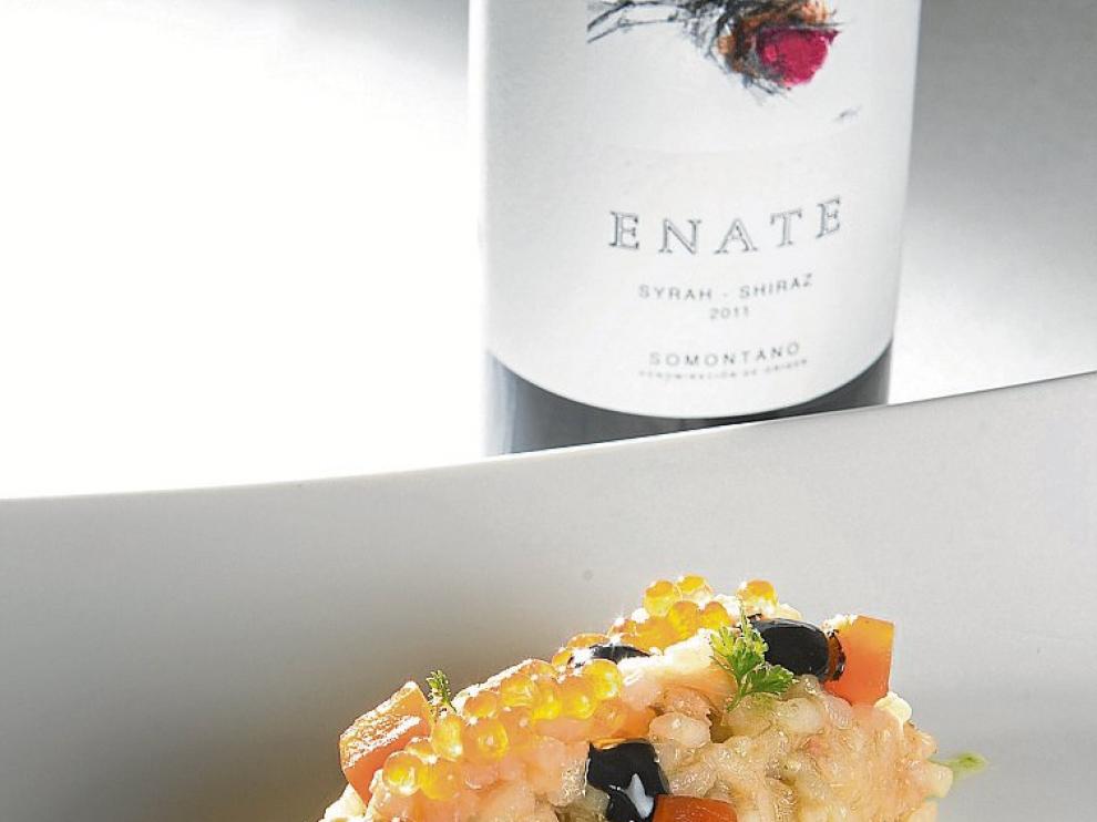 Arroz cremoso de trucha con el tinto Enate Syrah-Shiraz.