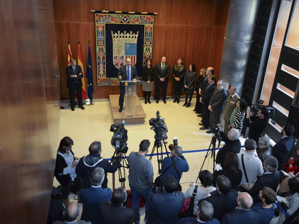 Javier Lambán durante su discurso en la delegación del Gobierno aragonés en Teruel.