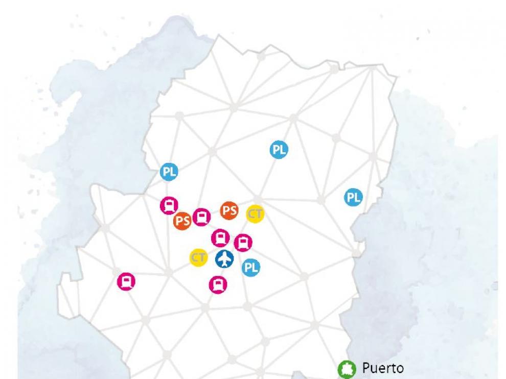 Mapa logístico y de transporte de Aragón.