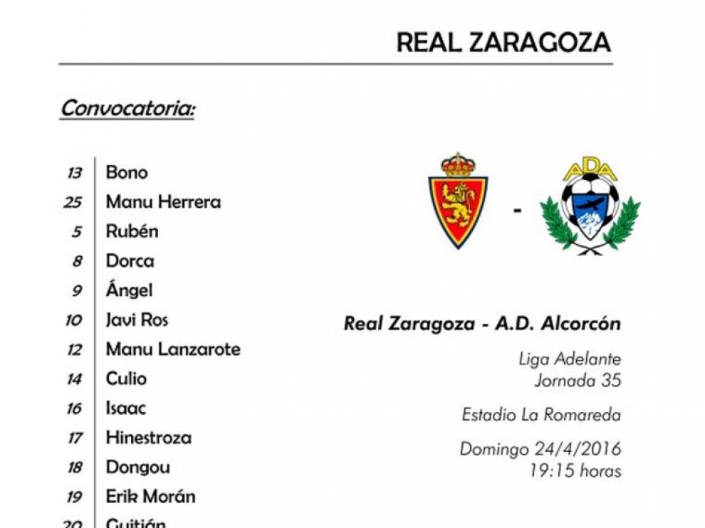 Convocatoria oficial del Real Zaragoza para el partido frente al Alcorcón