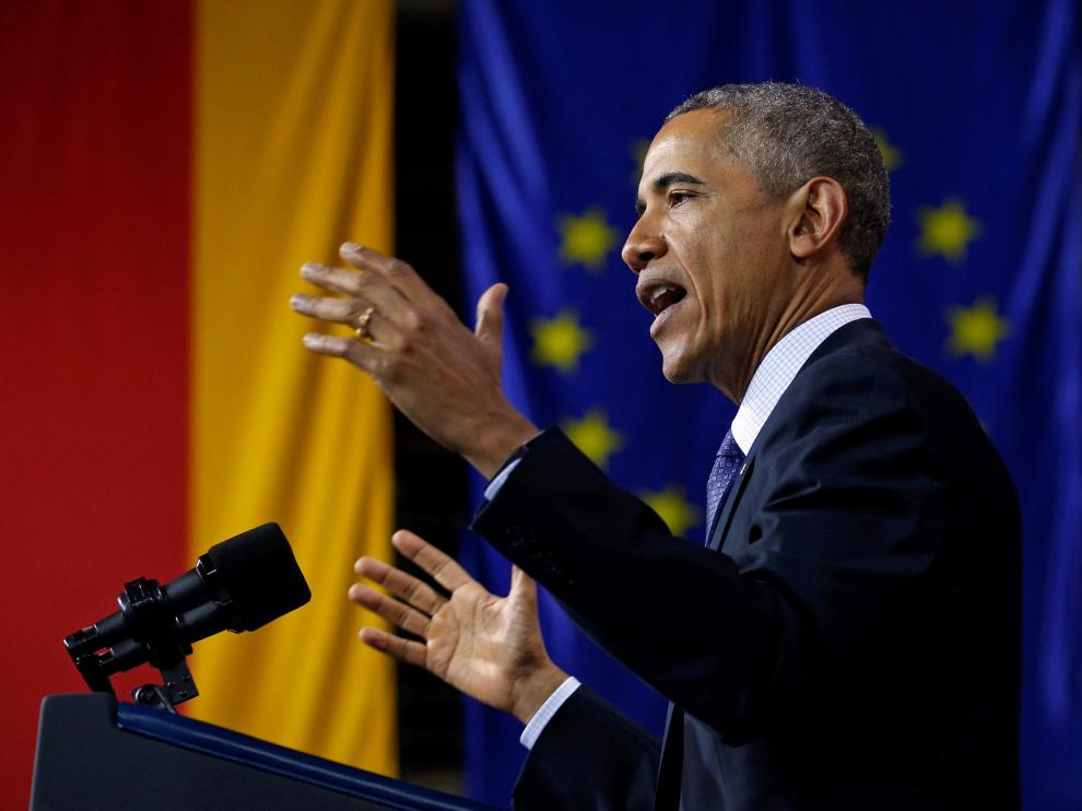 El presidente de EE.UU., Barack Obama, en un discurso durante su visita a Hanover, Alemania.
