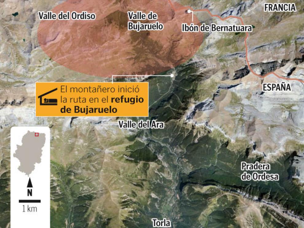 Este gráfico muestra la zona en la que pudo desaparecer el montañero de Huesca.