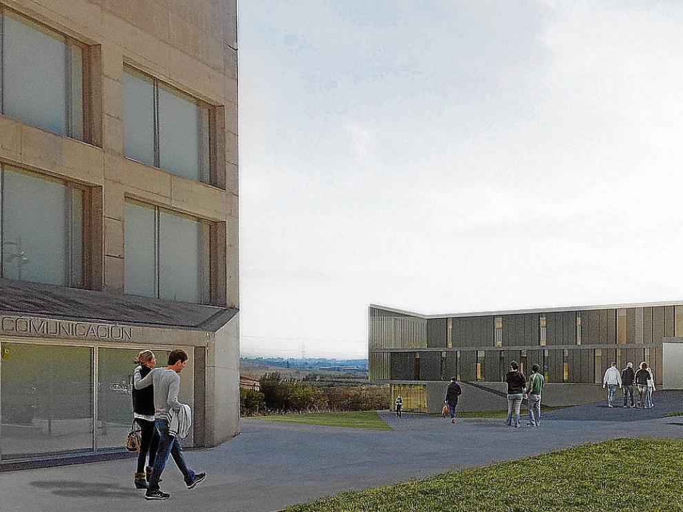Recreación del exterior de la nueva edificación del centro privado, que se ubicará a la derecha de la facultad de Comunicación.