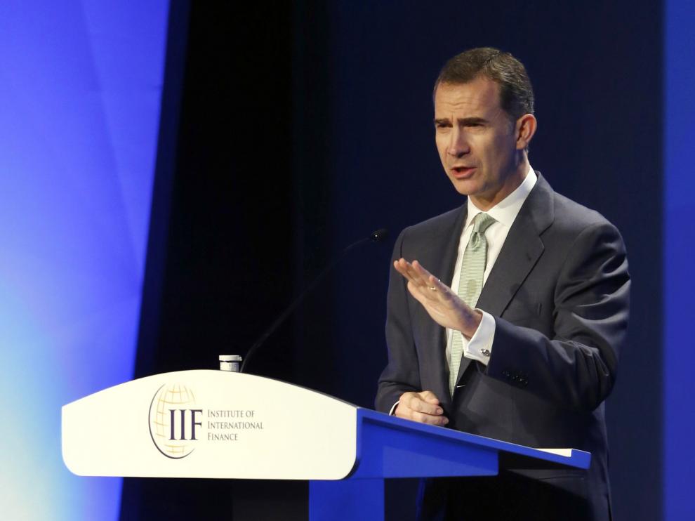 Felipe VI durante la inauguración de la primera jornada del encuentro de primavera del Instituto Internacional de Finanzas (IIF).