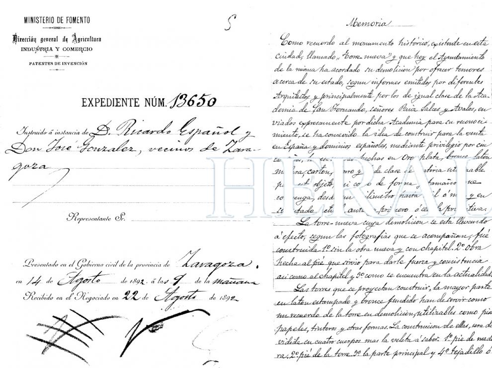 El expediente de la patente, fechada el 14 de agosto de 1892
