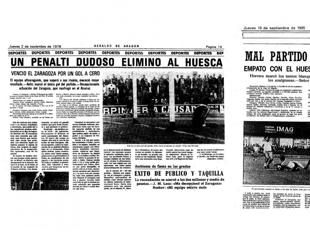 Crónicas de los dos partidos de Copa jugados por el Real Zaragoza en Huesca, en 1978 y 1985.