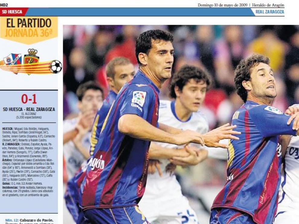 Primera página de la sección de Deportes de Heraldo de Aragón con el arranque de la crónica del partido jugado en mayo de 2009.
