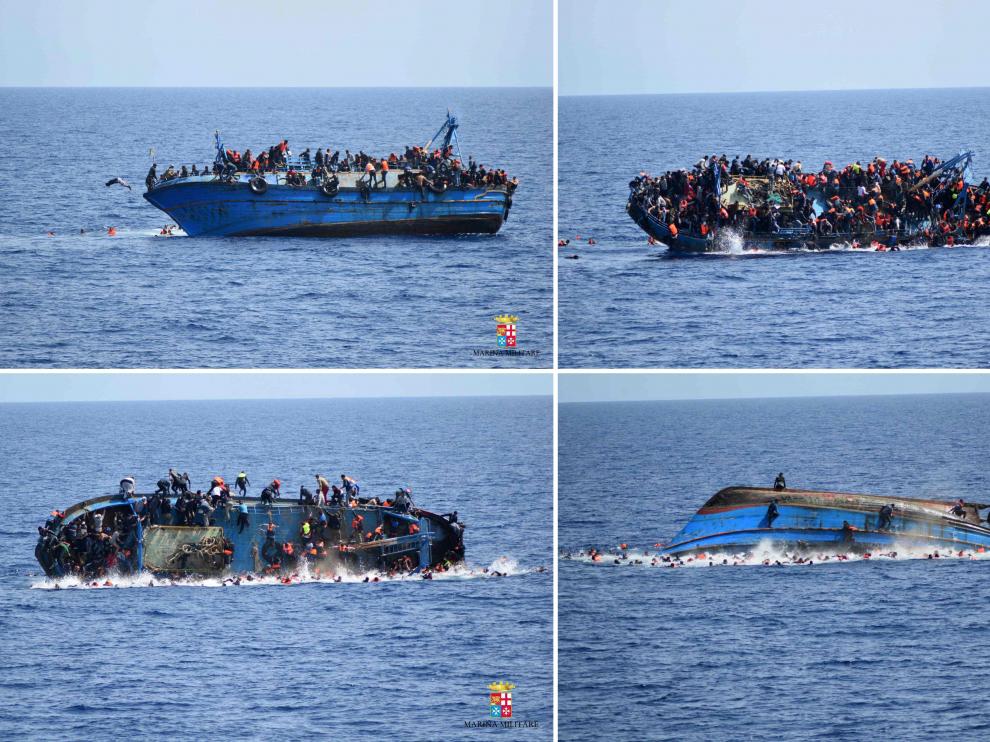 Secuencia de imágenes que muestra cómo volcó la embarcación frente a las costas de Libia.