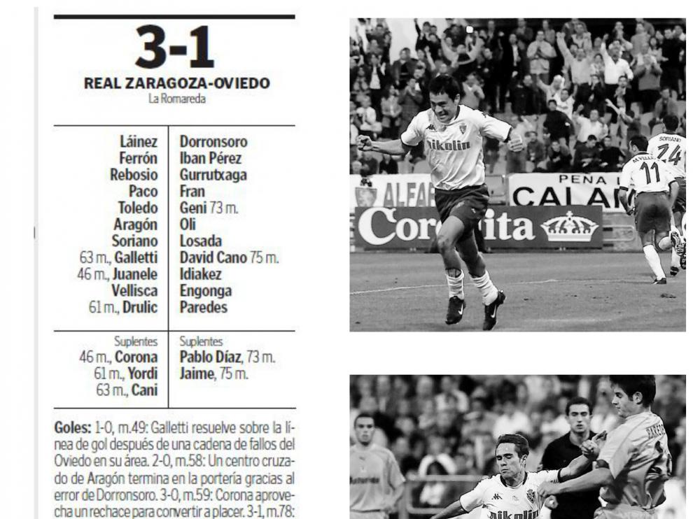 Ficha del partido Real Zaragoza-Real Oviedo de octubre de 2002 y fotografías del 1-0, marcado por Galletti, y del 3-0 logrado por Corona, que está obstaculizado por Paredes.