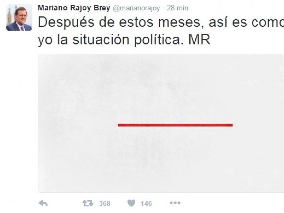 "Después de estos meses, así es como veo yo la situación política", ha escrito Rajoy acompañando el texto con la imagen de un rectángulo blanco en cuyo centro figura una línea roja horizontal.