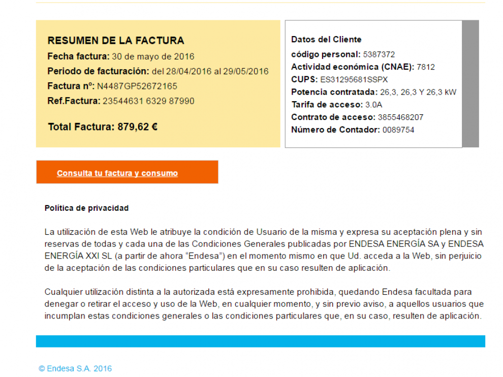 La factura falsa de Endesa enviada a través de correo electrónico que roba datos de los clientes.