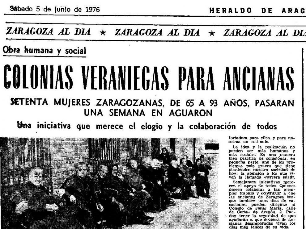 Noticia publicada en Heraldo de Aragón sobre las colonias de verano para ancianas solas y desamparadas.