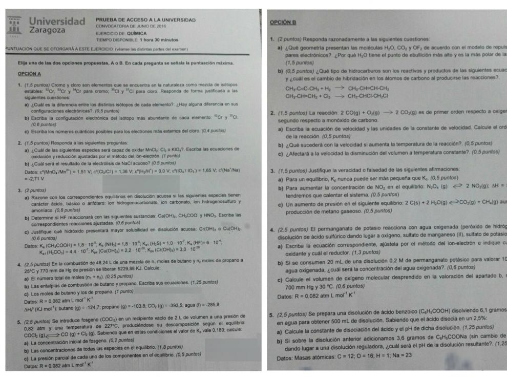 Examen de química de junio 2016.