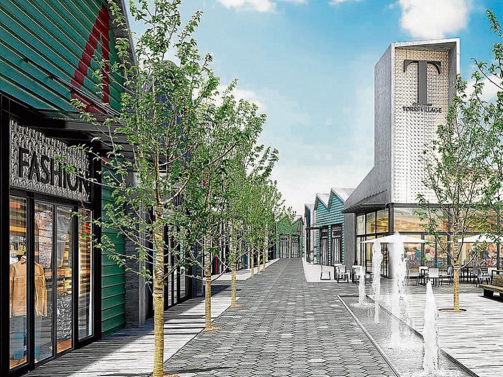 Recreación del paseo comercial de Torre Village, que ocupará una extensión total de casi 20 hectáreas.