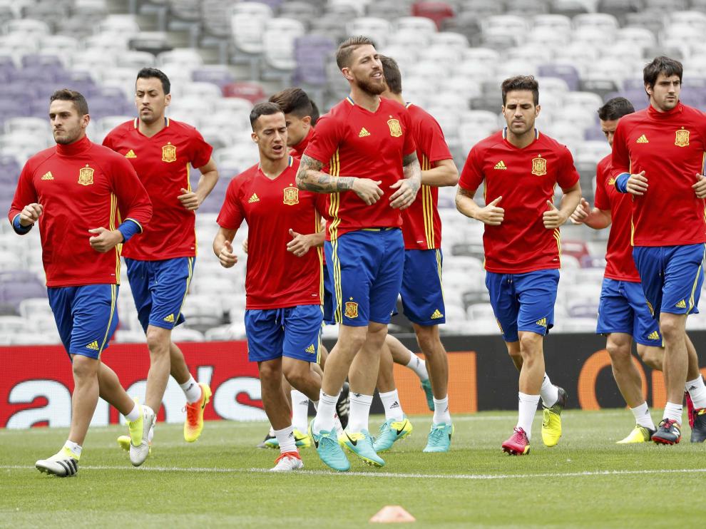 Los jugadores de la selección española, durante el último entrenamiento