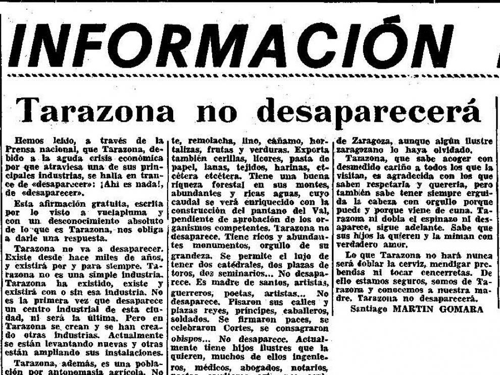 Noticia publicada hace 50 años en Heraldo de Aragón en réplica a otra publicada en un medio nacional que daba por hecho que Tarazona iba a desaparecer.