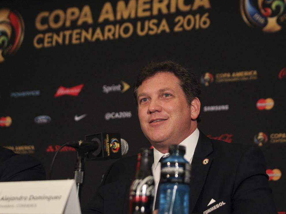 Alejandro Domínguez, presidente de la Conmebol, este viernes en rueda de prensa.