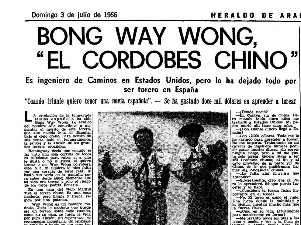 Bong Way Wong, el torero chino que quiso triunfar en España hace 50 años. Heraldo informó sobre él el 3 de julio de 1966.