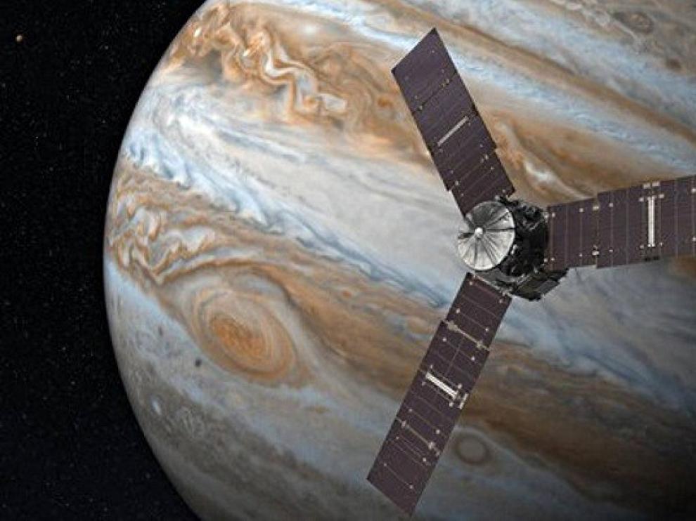 Representación artística de la nave Juno sobrevolando Júpiter.