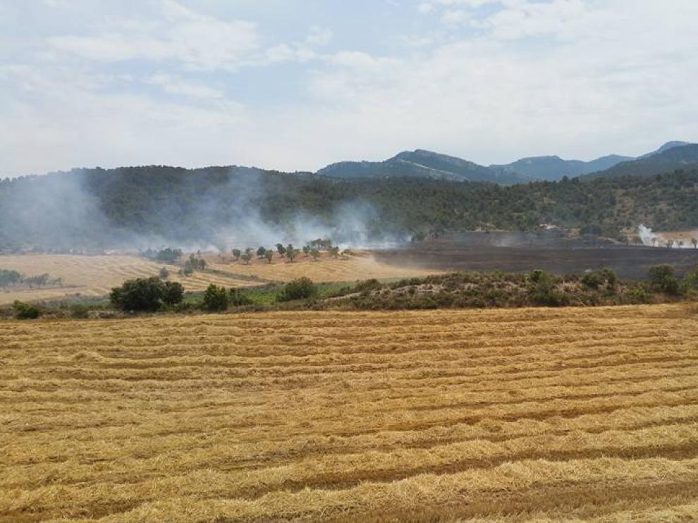 Incendio en un campo de cereal en Peñarroya de Tastavins.