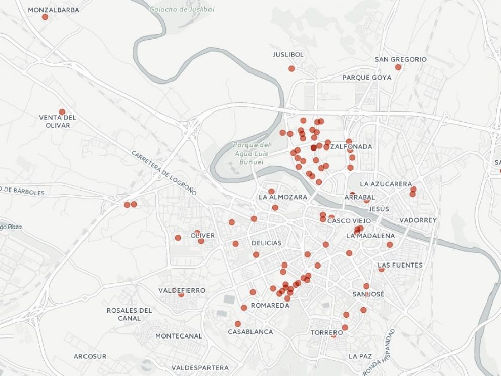 Mapa con los puntos de recogida de aceite en Zaragoza.