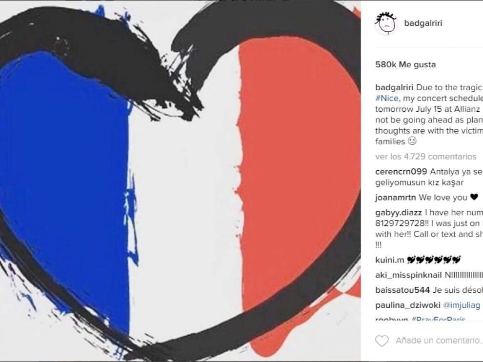 Rihanna ha colgado un mensaje en Instagram en solidaridad con las víctimas del atentado de Niza.