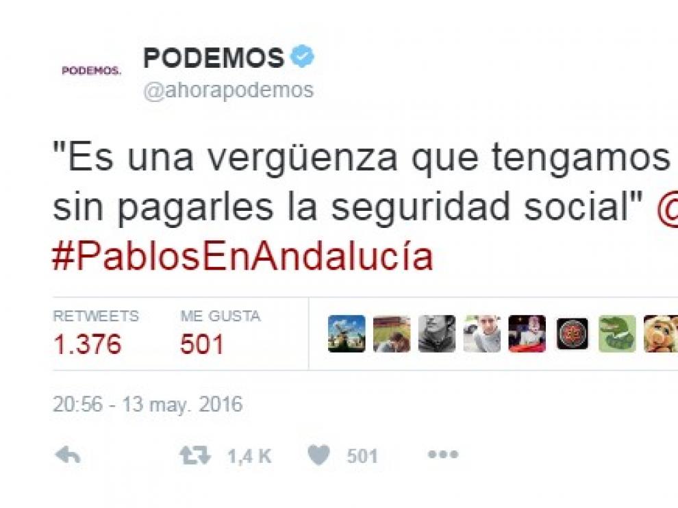 El tuit de Podemos que alude a las palabras de Pablo Echenique en un acto electoral.
