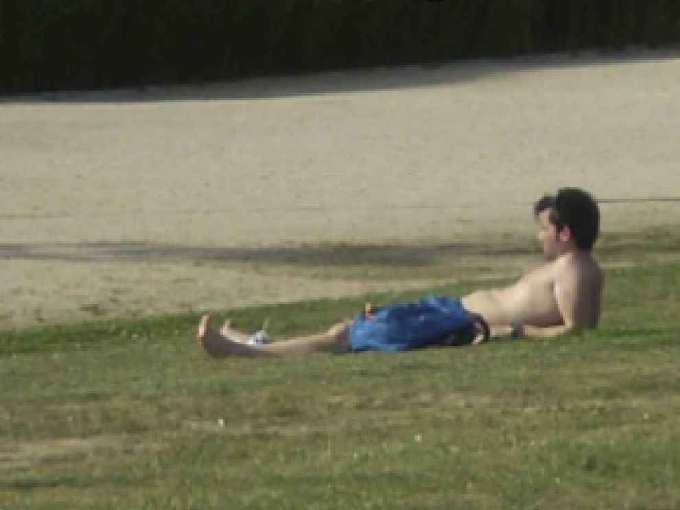 Un joven toma el sol sin camiseta en una zona verde de Zaragoza.