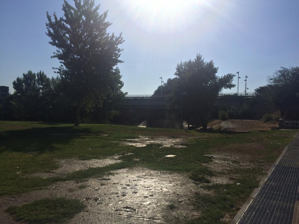 Una zona verde encharcada por los aspersores en la Almozara.
