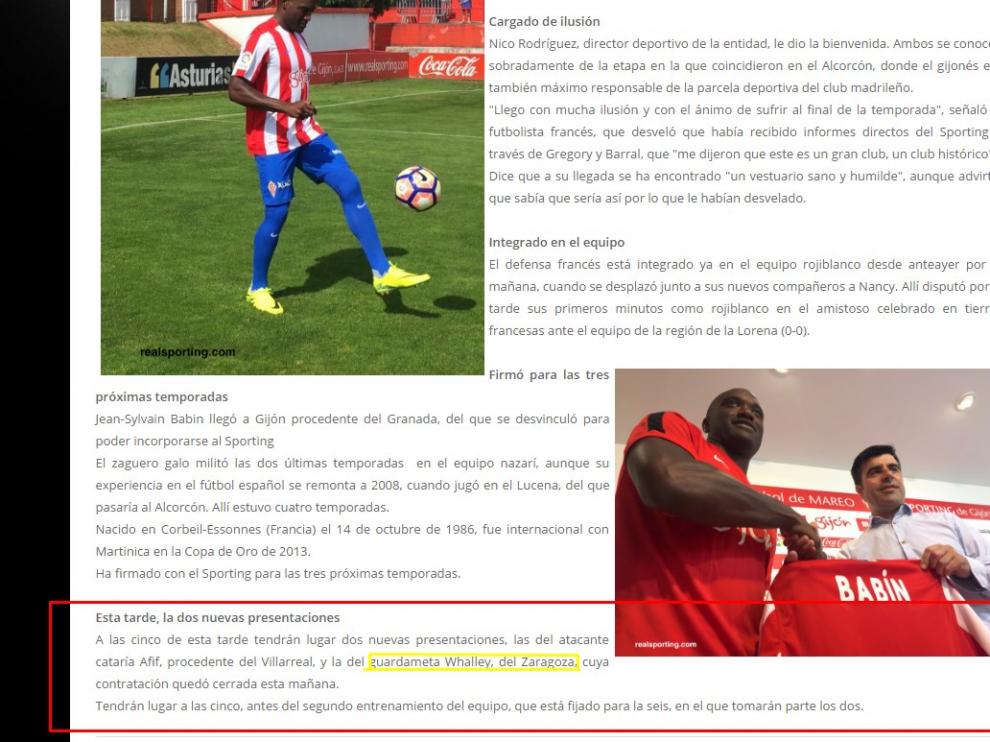 Imagen de la información colgada por el Sporting de Gijón en su página web donde se informa, en el último párrafo, del fichaje de Whalley por el club asturiano.
