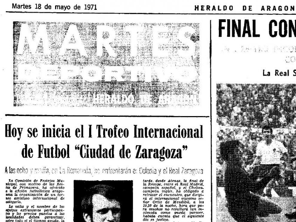 Pieza informativa del HERALDO DE ARAGÓN del 18 de mayo de 1971 en la que se anunciaba el inicio de la 1ª edición de Trofeo Ciudad de Zaragoza. La foto que se utilizó para ilustrarla fue la del alemán Overath, del Colonia.