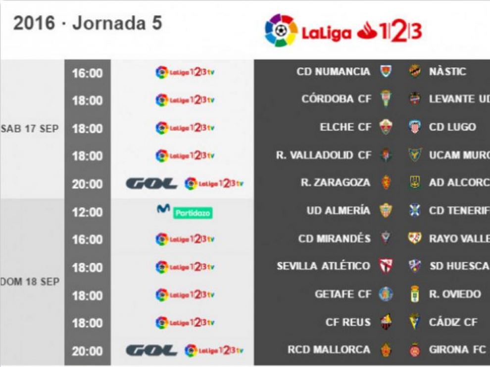 Horarios de la 5ª jornada de Segunda División.