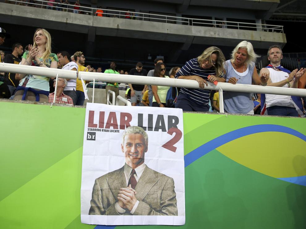 Fotomontaje de Lochte con la palabra 'mentiroso' en inglés.
