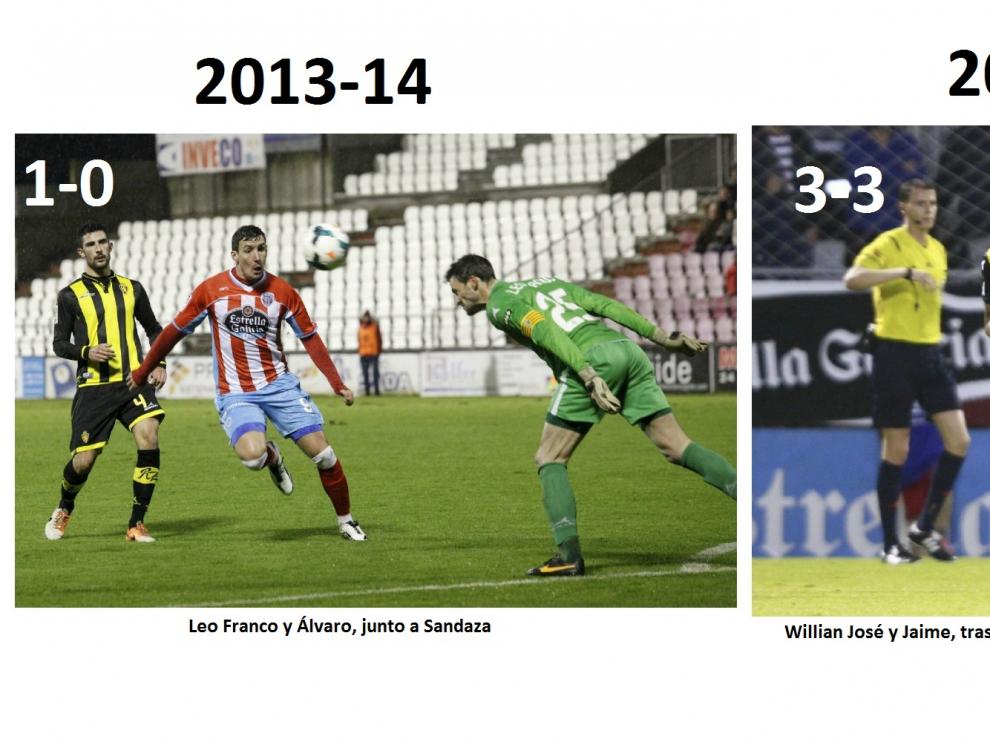 Tres imágenes de los tres partidos precedentes jugados por el Real Zaragoza en Lugo, los únicos en toda su larga historia.