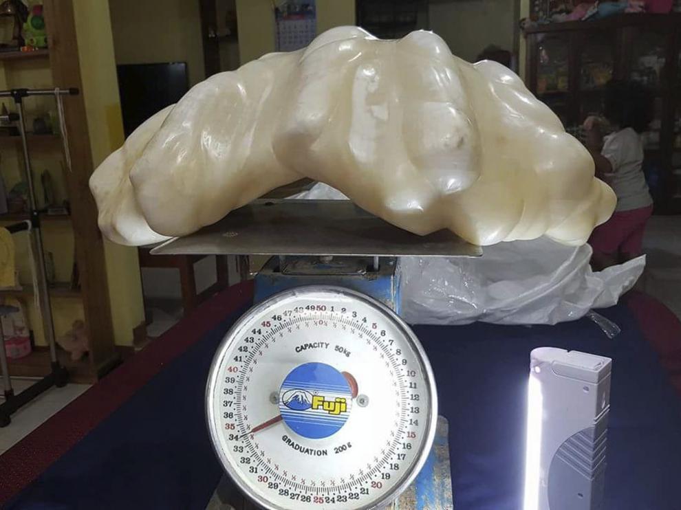 La perla de ostra de 34 kilos encontrada por un pescador filipino en la isla de Palawan.