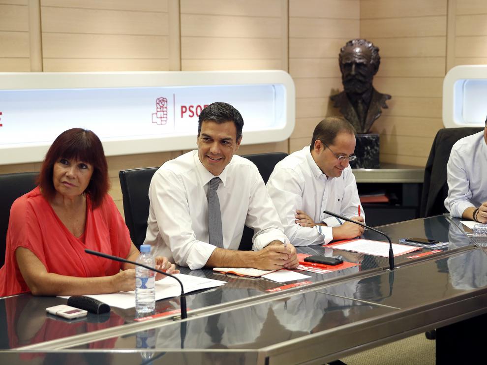 Micaela Navarro, Pedro Sánchez, César Luena y Patxi López durante la reunión de la Ejecutiva Federal del PSOE.