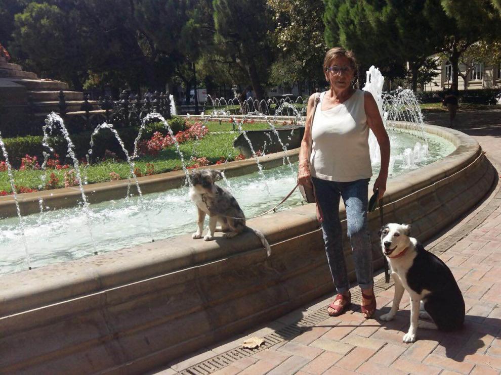 María Ángeles Abad, de 70 años, con sus dos perras en la plaza de los Sitios de Zaragoza.