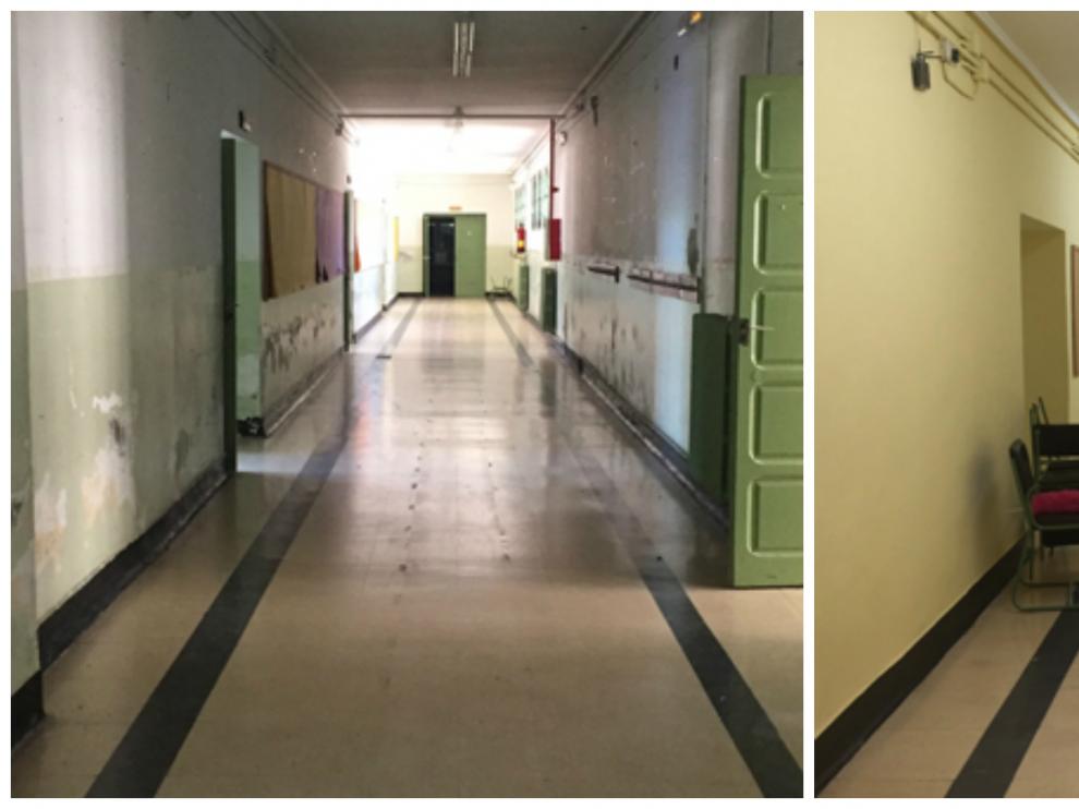El antes y el después de los pasillos de la planta baja del colegio de Quinto.