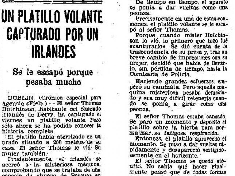 Noticia publicada en HERALDO en 1956 bajo el título 'Un platillo volante capturado por un irlandés'
