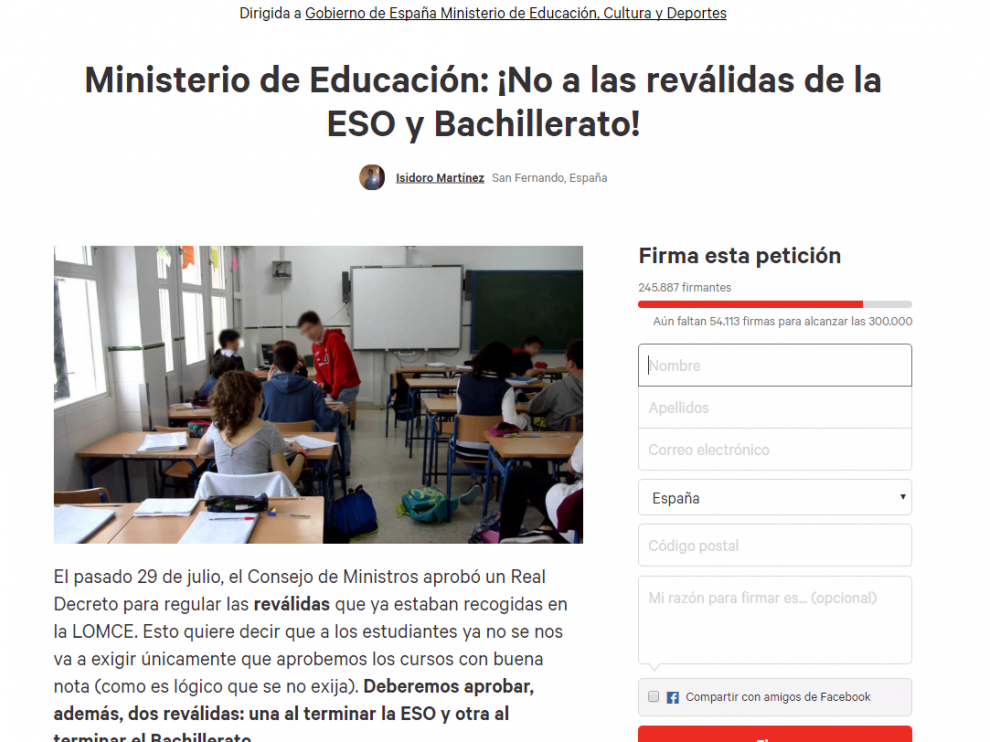 La recogida de firmas contra la Lomce fue lanzada a través de la plataforma Change.org.