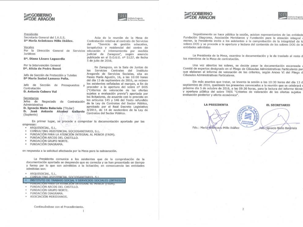 Acta de la Mesa de Contratación relativa a la gestión del reformatorio de Juslibol