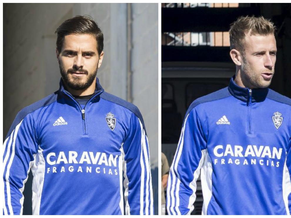 Javi Ros y Alex Barrera, antes de comenzar el entrenamiento de este viernes en La Romareda.